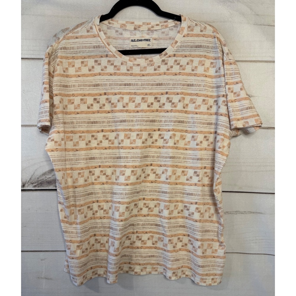 WE THE FREE Womens XS Tunic Tee Beige‎ Geometric Pattern Short Sleeve Casual Top